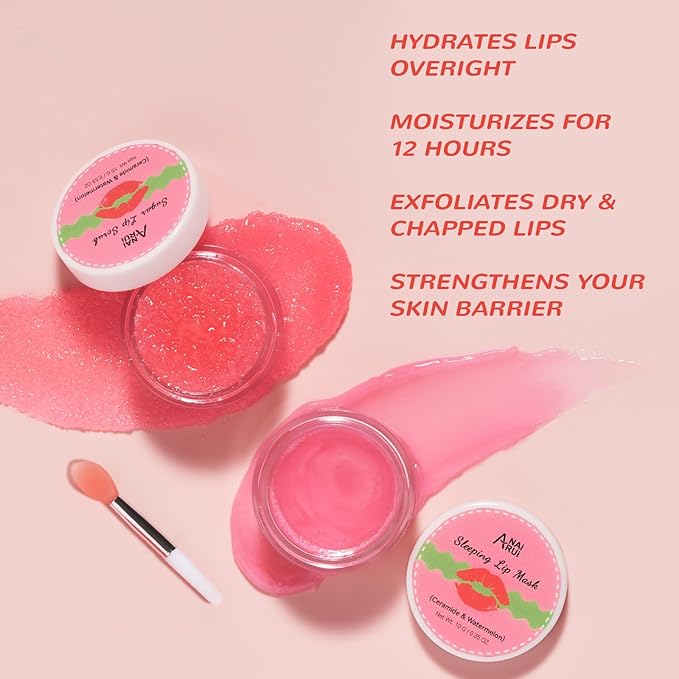 Hydrating Lip Mask Set, Lip Scrub & Lip Butter, Overnight Lip Treatment Set Enriched With Ceramide, Watermelon and Shea Butter, For A Softer & Smoother Lips, Overnight Lip Mask Gifts Kit