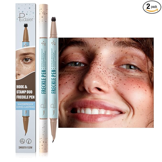 2 Pack Freckle Pen Set – 2-in-1 Dual Ended Microblading Pen & Freckle Stamp, 2 Different Color Combos,Waterproof & 24HR Longwear, Precise 15° Tip for Natural Lifelike Freckle Makeup.