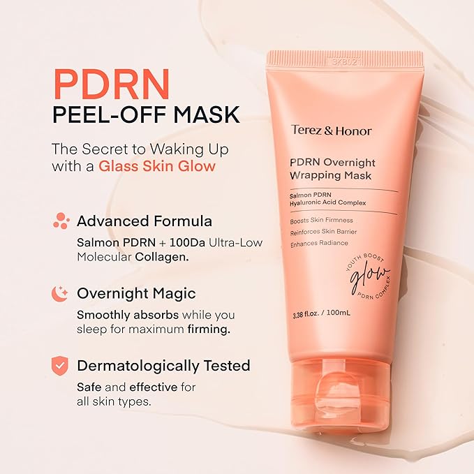 TEREZ & HONOR PDRN Night Wrapping Peel Off Facial Mask: with GHK-CU Copper Peptide, Collagen & Hyaluronic Acid - Firming & Hydration for Radiant Glow, Dermatologist Tested, Korean Skin Care 3.4 FL OZ