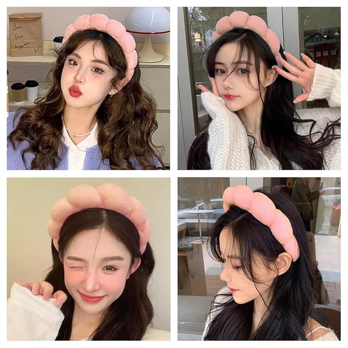 AOENJIE Spa Headbands for Washing Face or Makeup, Sponge Bubble Skincare Headbands, Puffy Terry Cloth Hairband for Women, Skin Care Makeup Headwear Hair Accessories for Girls(Orange Pink)