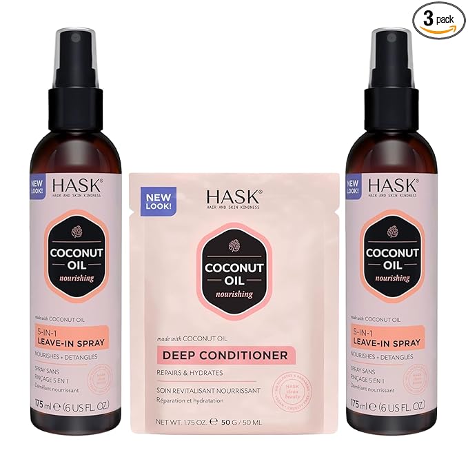 HASK 5-in-1 Coconut Leave-In Conditioner Duo (6oz-Qty 2) & Deep Conditioner Packette, Color Safe, Sulfate-Free, Paraben-Free, Gluten-Free, for All Hair Types