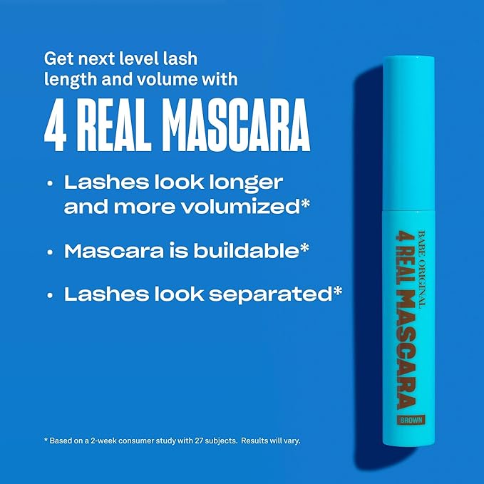 Babe Original 4 Real Mascara Brown for Volume, Length, and Lift in Eyelashes, Defined & Flutterly Look, Vegan & Cruelty-Free, (Brown)