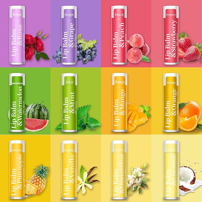 RBUGR 168 Pcs Lip Balm Bulk, 12 Flavored Lip Balm Pack for Women, All Organic Natural Bulk Lip Balms for Dry Cracked Lips, Moisturizing Lip Balms Gift Set(4.2g/0.15oz)