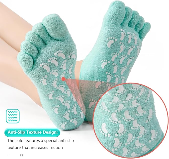 MoyRetty Moisturizing Silicone Gel Socks with 5-Toes, Dry Cracked Feet Treatment, gel socks for dry cracked feet women Lavender Oil Infused-Green