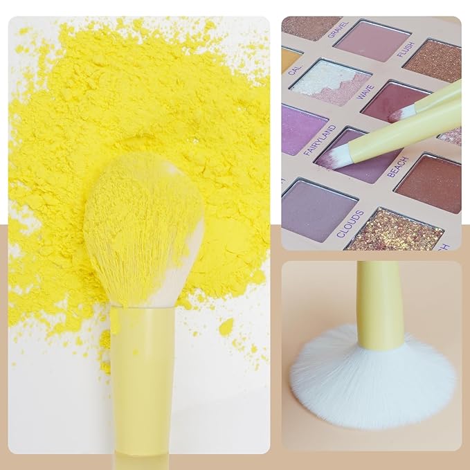 Yellow Make up Brush Set – 18PCS Makeup Brushes for Powder, Foundation, Eyeshadow – With Rubber Coated Handles, Painted Aluminum Ferrules, Travel Bag & 2 Makeup Sponges– For Women & Beginners