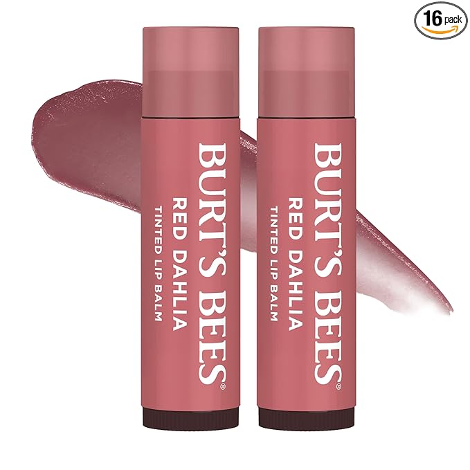Burt's Bees Lip Tint Balm with Long Lasting 2 in 1 Duo Tinted Balm Formula, Color Infused with Deeply Hydrating Shea Butter for a Natural Looking Buildable Finish, Fiery Red Dahlia (16-Pack)