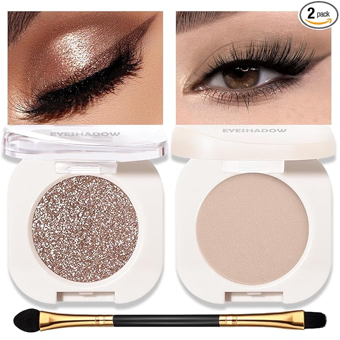 Matte Glitter Eyeshadow Palette 2 PCS, Nude Brown Eye Shadow Palettes Shimmer Neutral Eyeshadow for Older Women, Smooth Powder Lightweight Blendable High Pigment Compact Daily Eyes Makeup, Set D