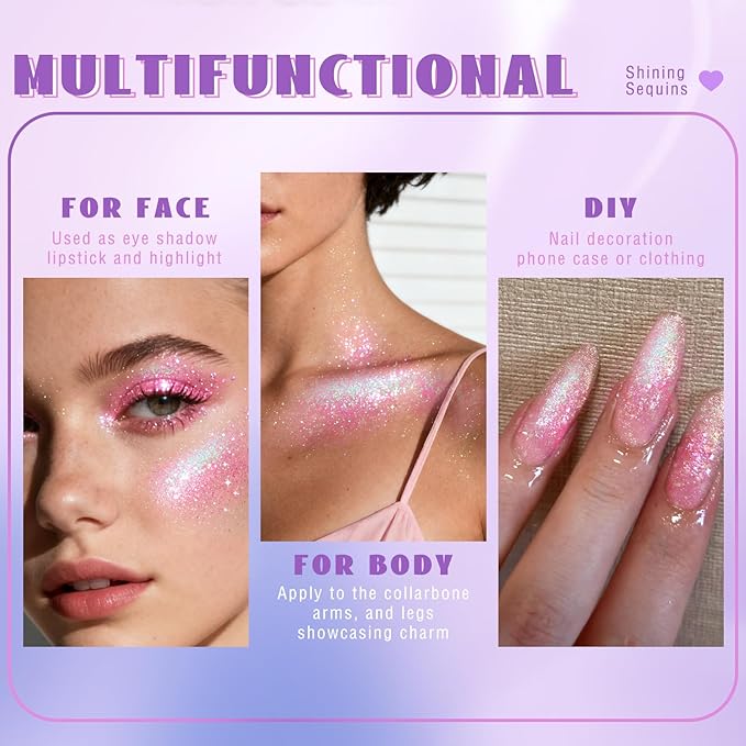 HOSAILY Roll-on Holographic Pink Body Glitter Gel for Face Hair, Chameleon Color Changing Glitter Gel Under Light, Chunky Mermaid Sequins Festival Party Rave Accessories Shimmer Halloween Makeup