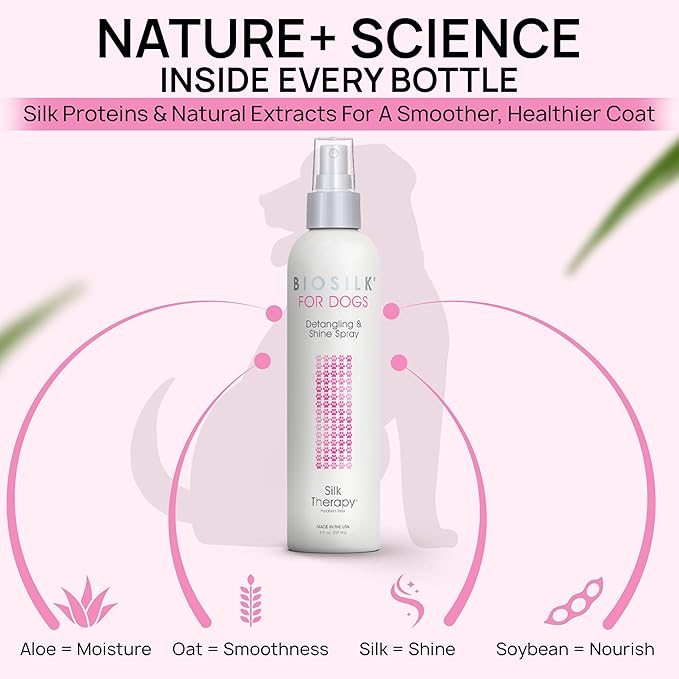 BioSilk for Dogs Silk Therapy Detangling and Shine Protecting Spray, pH Balanced Leave-In Mist with Silk and Vitamins for Dematting, Paraben-Free, All Coats and Breeds, 8 Fl Oz
