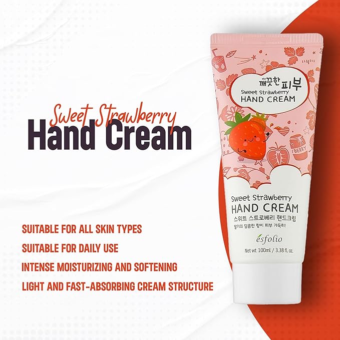 esfolio Sweet Strawberry Hand Cream – Moisturizing Korean Hand Lotion with Strawberry Extracts – Softens, Hydrates & Smooths Dry Skin – Lightweight Non-Greasy Formula (3.38 OZ/100ML)