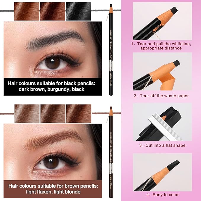 Brow Mapping Kit includes 10m X Black&White Mapping String, 50pcs Eyebrow Ruler Stickers,White and Light Beige Brow Concealer & 2 Brow Brushes, Eyebrow Pencil Razor Sharpener and Instruction