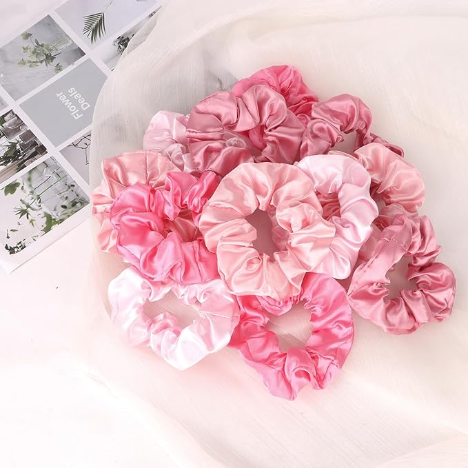 Silk Satin Scrunchies for Women Girls 12 PCS Multi-Pink-Colored Hair Scrunchies Silk Satin Hair Ties for Thick Hair Bulk Hair Ties Hair Accessories