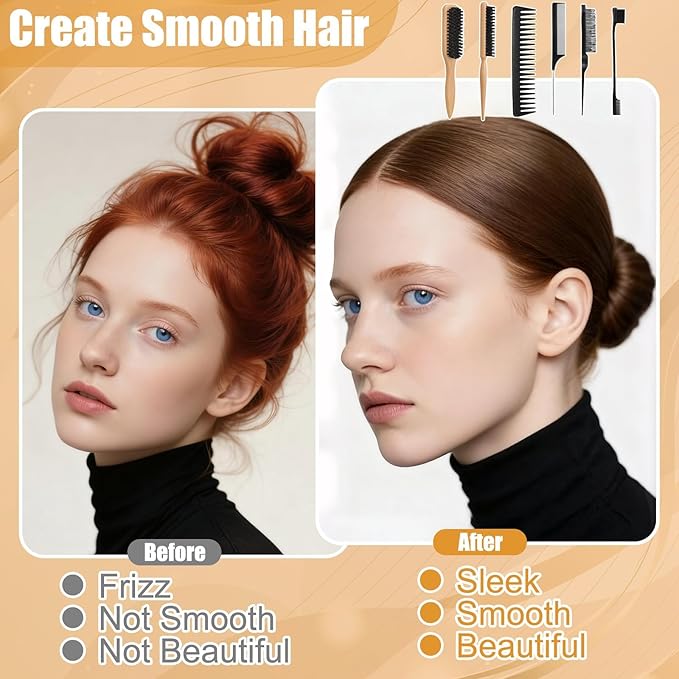 6PCS Boar Bristle Slick Back Hair Brush with Edge Brush Rat Tail Comb, Wide Tooth Comb for Men Women