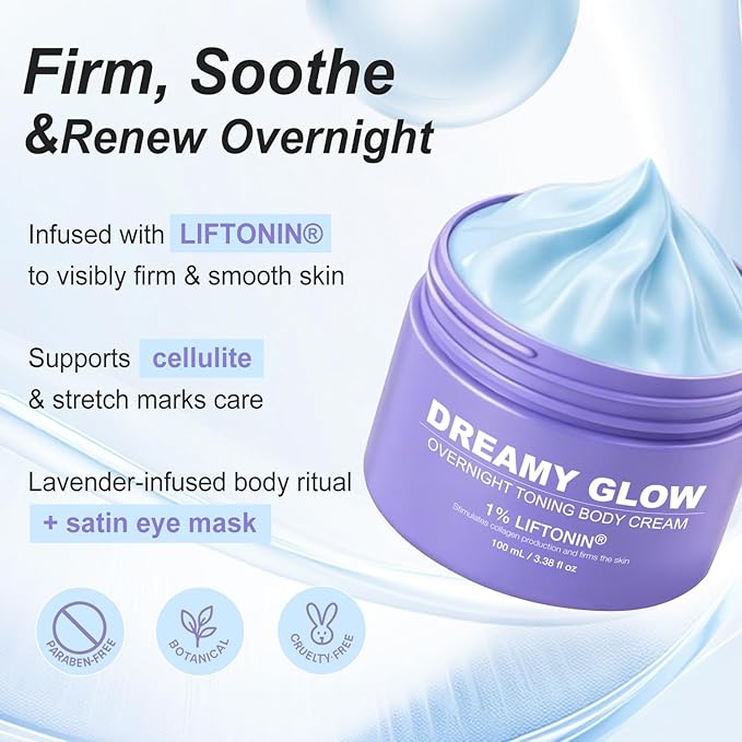 Overnight Toning Whip Cream – Dreamy Glow Skin Tightening & Anti-Cellulite Lotion for Body, Booty, Belly & Arms Firming Cream with Satin Mask 3.38 fl oz