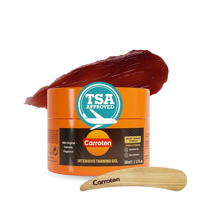 Carroten Intensive Tanning Gel | Travel Size Browning Tan Accelerator | Non-Greasy Water-Resistant with Carrot & Coconut Oil | Vitamin A&E for Moisture & Hydration | TSA Approved | 1.7oz + Spatula