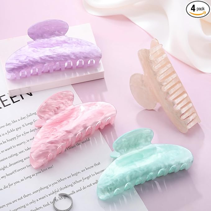 4.2 Inch Large Acrylic Claw Clips, Cute Green Beige Pink Purple Hair Claw Strong Hold Hair Clips Barrettes for Thick Thin Hair, 4 Pack Stylish French Hair Accessories for Women Girls