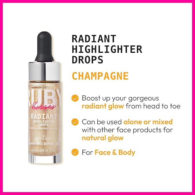 Ruby Kisses Radiant Drops, Shimmer Liquid Highlighter Makeup, Smooth Illuminator for Face Body, Natural Glow Dewiness Glitter for Skin (Champange)