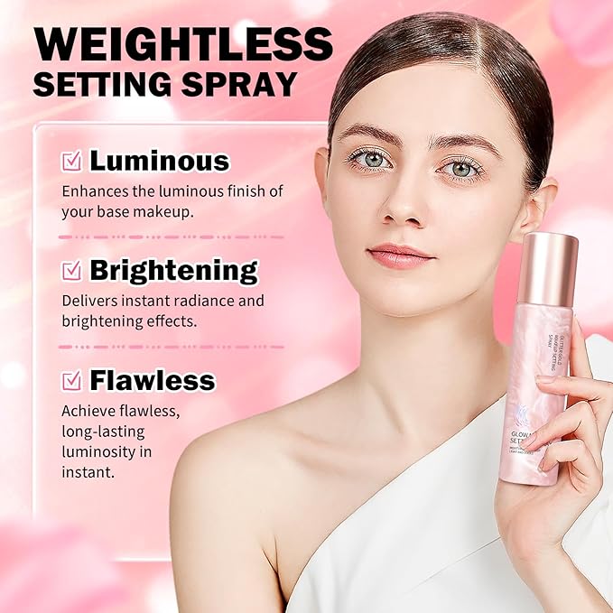 Glow Makeup Setting Spray - Shimmer Dewy Setting Spray for Makeup Long-Lasting, Ultra-fine Lightweight Setting Mist, Hydrating Finish Illuminating Finishing Mist, 4 Fl Oz