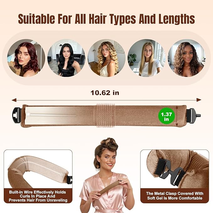 Overnight Heatless Hair Curler, Upgraded with Hair Pad Grippers Satin Jumbo Flexi Blowout Curls Rods, 3pcs No-Heat Styling Tools Curling Rod to Sleep in for All Hair Types - Khaki