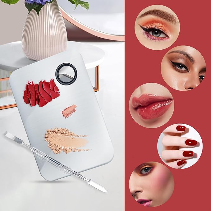 ALIOBC Makeup Mixing Palette, Upgrad Stainless Steel Metal Mixing Tray with Spatula Artist Tool for Mixing Foundation Nail-Art