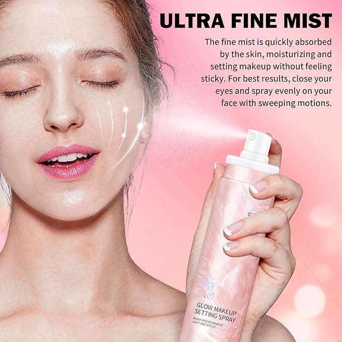 Glow Makeup Setting Spray - Shimmer Dewy Setting Spray for Makeup Long-Lasting, Ultra-fine Lightweight Setting Mist, Hydrating Finish Illuminating Finishing Mist, 4 Fl Oz