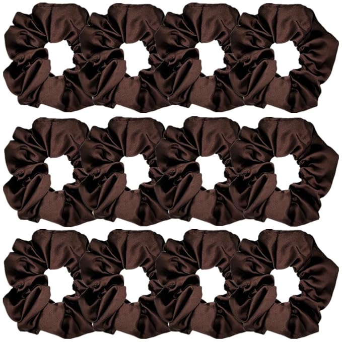 Sufermoe 12 Pcs Satin Silk Hair Scrunchies, Dark Brown 4.3 Inch Elastic Hair Ties, Hair Accessories for Women and Girls - Hair Bands, Bow Ropes, Ponytail Holders for Different Hairstyles and Occasions