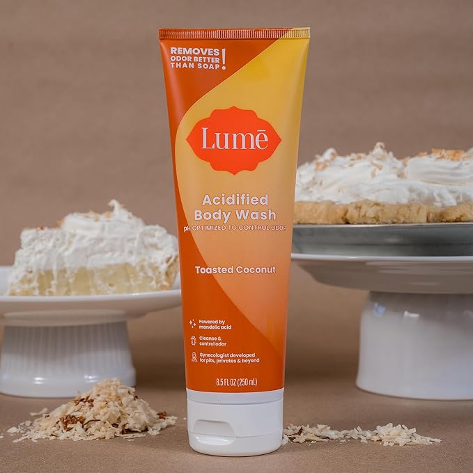 Lume Acidified Body Wash - 24 Hour Odor Control - Removes Odor Better than Soap - Moisturizing Formula - Formulated Without SLS or Parabens - OB/GYN Developed - 8.5 ounce (Pack of 2) (Toasted Coconut)