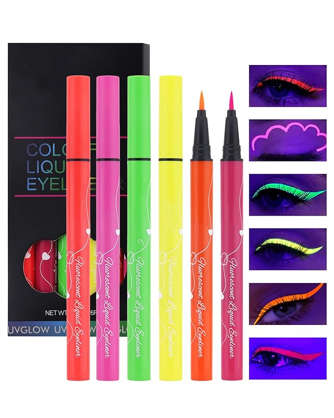 UV Glow Neon Liquid Eyeliner Set-6 Colors Matte Rainbow Eye Liner Pen, Colored Luminous Neon Eyeliner, Waterproof Smudge Proof, High Pigmented Colorful Eyeliner for Women Girl Rave Halloween Makeup