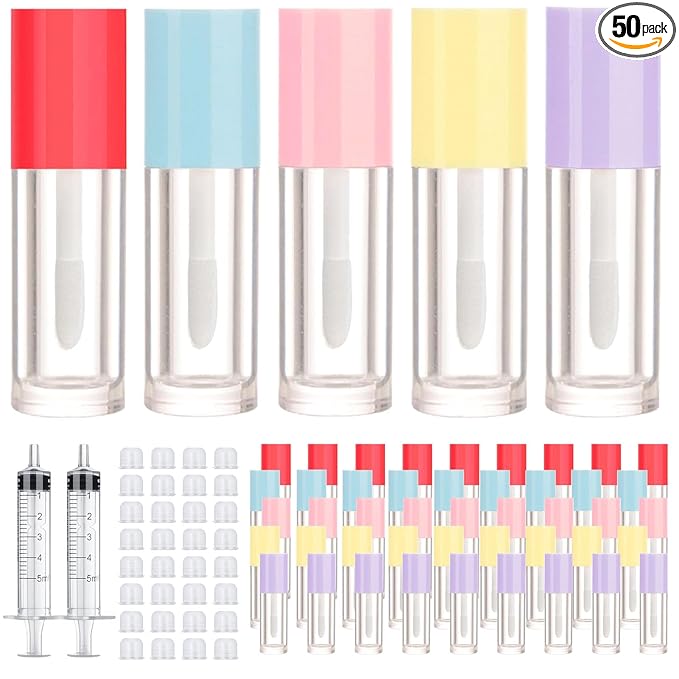 50pcs 2.5ml Empty Lip Gloss Containers Lip Gloss Tubes with Wand Cute 0.08oz Clear Refillable Lipgloss Making Supplies Kit for DIY Makeup+ 2pcs Syringes