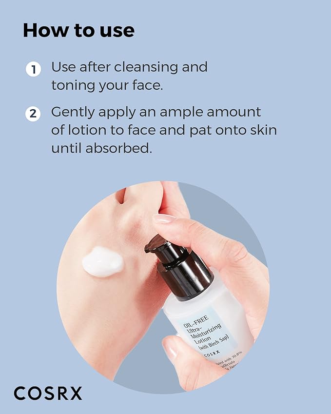 COSRX Oil Free Lotion with Birch Sap, Daily Acne Facial Moisturizer, Hydrating Moisturizer for All Skin Types, Korean Skin Care, 3.38 fl.oz / 100ml
