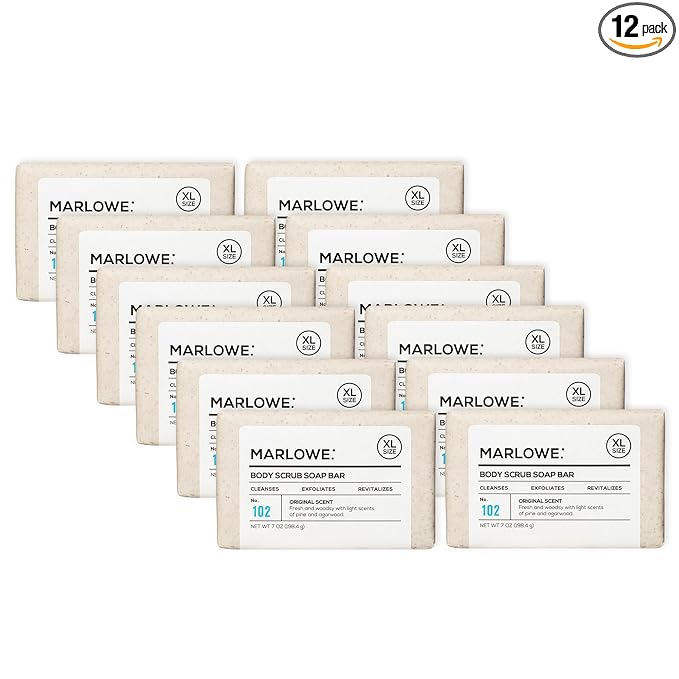 MARLOWE. No. 102 Body Scrub Soap 7 oz (12 Bars), Exfoliating Soap Bar with Shea Butter, Olive Oil & Green Tea Extracts, Cleanses, Smooths & Revitalizes Skin, Original Sage & Fir Scent