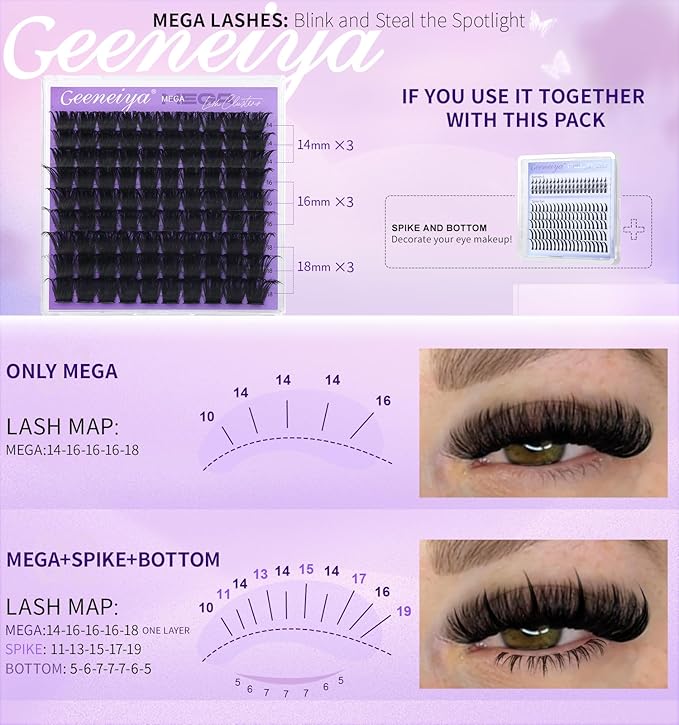 Geeneiya 200D Mega Lash Clusters Volume Eyelash Clusters D Curvature Cluster Eyelash Extensions, 14-16-18MM Mega Lashes