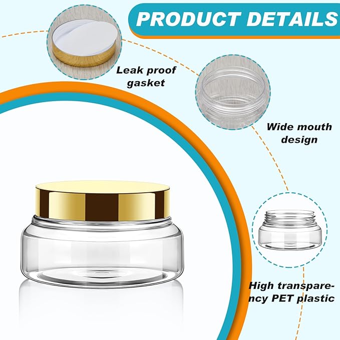 Tessco for you 24 Pack Plastic Jars with Lids Labels Multiuse Slime Containers Empty Body Scrub Jars Round Refillable Cosmetic Body Butter Container for Makeup (5 oz,Gold)