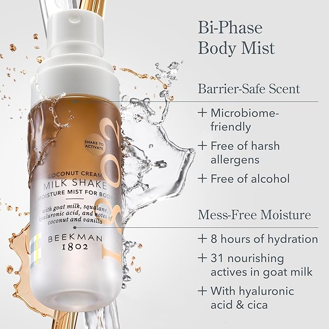 Beekman 1802 Milk Shake Hydrating Body Mist – Alcohol-Free Moisture with Goat Milk, Hyaluronic Acid & Squalane, Lightweight Skin Softening Spray for Sensitive Skin – Coconut Cream, 2 Fl Oz