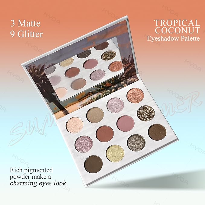 KYDA 12 Colors Tropical Coconuts Eyeshadow Palette, Summer Beach Neutral Brown Grey Pink Eyeshadow, Shimmer Pearl Glow Eye Shadow, Smooth Blendable Powder Eyes Shadow, Summer Eyes Makeup