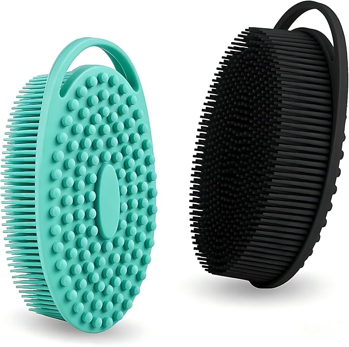 2 Pack Silicone Body Scrubber, Exfoliating Silicone Shower Scrubber for Body, Gentle 2 in 1 Silicone Loofah Alternative for Women Men, Dual-Sided Soft Bath Scrubber for All Skin, Black+Green