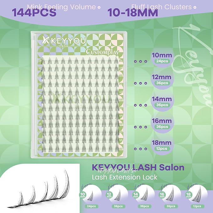 KEYYOU Customplay Lash Clusters Eyelash Extension C Curl 96Pcs Eyelash Extension Wispy Natural Invisible Band Lash with Waterproof DIY Lash Extension at Home(Customplay-C-10-18MIX)