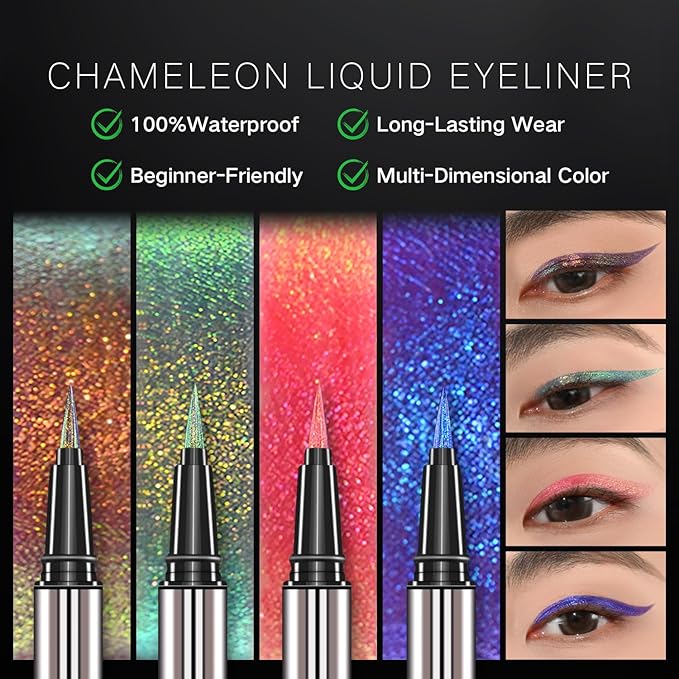 Metallic Multi-Color Shifting Liquid Eyeliner – Chameleon Glitter, Waterproof, Smudge-Proof, Ultra-Fine Tip, Long-Lasting, #101