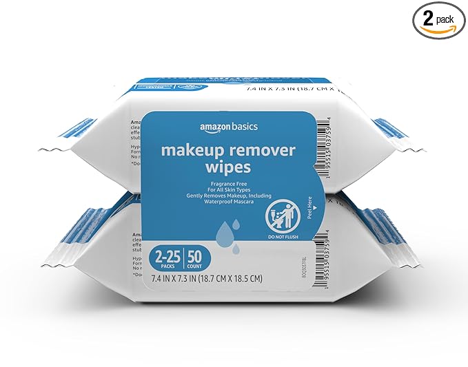 Amazon Basics Makeup Remover Wipes, Formulated without Fragrance and Alcohol-Free, Gentle Cleansing, Removes Waterproof Mascara, Dermatologist Tested, 25 Count, Pack of 2
