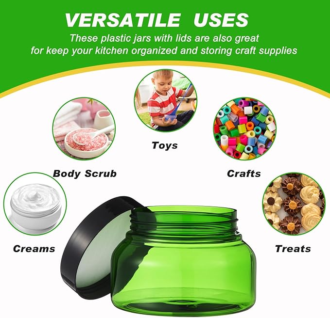 Tessco for you 24 Pack Plastic Jars with Lids Labels Multiuse Slime Containers Empty Body Scrub Jars Round Refillable Cosmetic Body Butter Container for Makeup (8 oz,Green,Black)