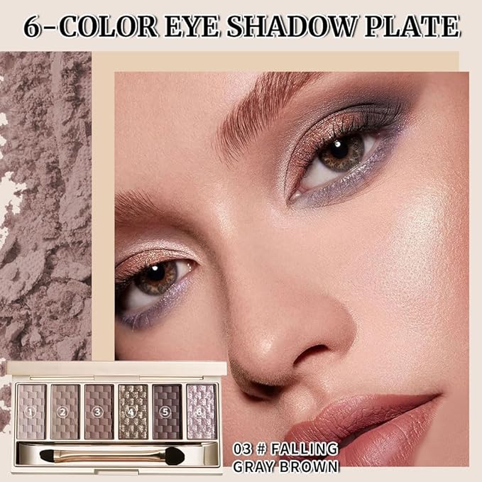 Neutral Brown Matte Shimmer Eyeshadow Palette, 6 Color High Pigment Blendable Eye Shadow Makeup for Older Women, Lightweight Travel Size, Suitable for All Eye Shapes, Everyday Natural Look Vegan 03#