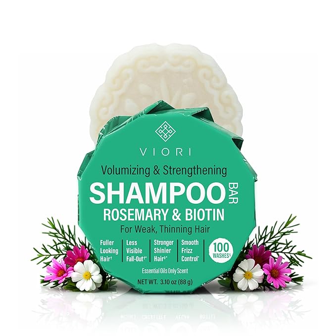 Viori Rosemary Shampoo Bar with Biotin - Rice Water Shampoo Bar for Thinning Hair - Strengthening, Shine, Scalp Care - Plastic Free - Travel Friendly