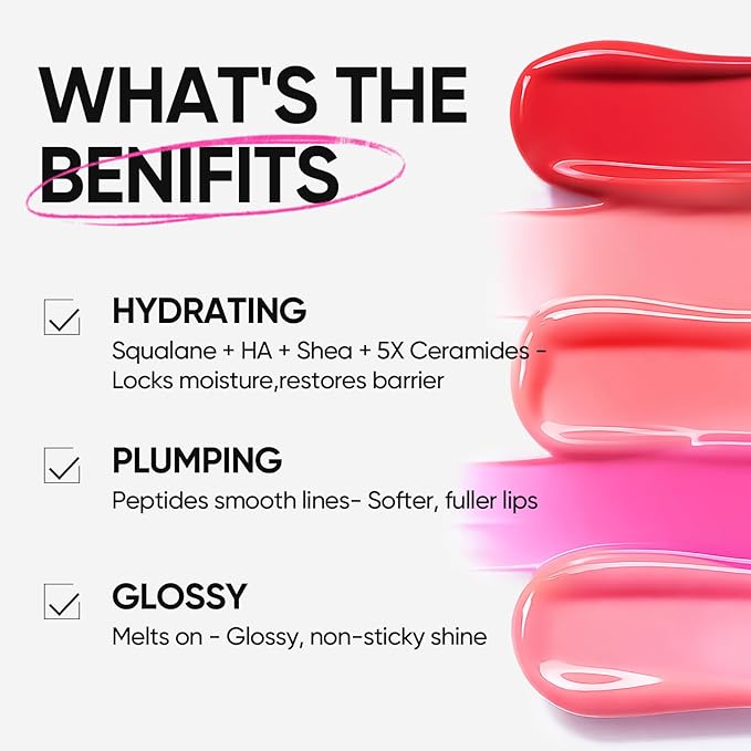 SKINTIFIC Peptide Brightening Lip Serum, Hydrating & Plumping Tinted Lip Gloss, Moisturizing Lip Balm with Polypeptides & Squalane for Glossy Sheer, Smooth Lips(04 Pink Berry)