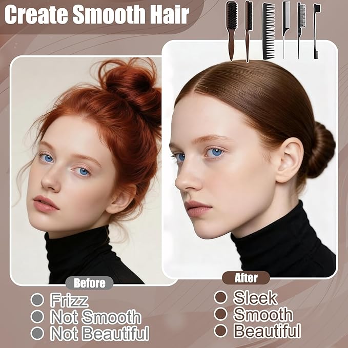 6 Pcs Boar Bristle Slick Back Hair Brush with Edge Brush Rat Tail Comb and Wide Tooth Comb, Hair Styling Comb for Men Women