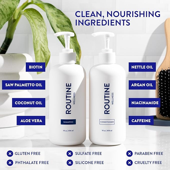 Routine Wellness Anti-Thinning Shampoo and Conditioner Set for Thinning Hair - Biotin DHT Blocker Women & Men - Color Safe Shampoo for Hair Loss & Healthier Hair - Rose Hips Set