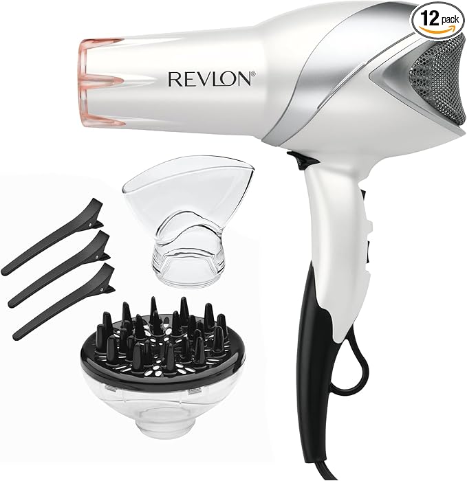 REVLON Infrared Hair Dryer with Diffuser & Concentrator - Ionic Ceramic Blow Dryer for Frizz Control,Shine,Soft Hair & Moisture Protection - 1875W Professional Salon-Quality (White),(Pack of 12)
