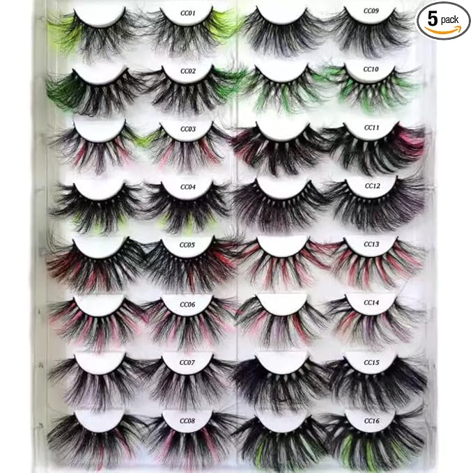 Sunniess 5 Pairs 25mm Lashes,10D Colored False Eyelashes, Makeup Fluffy Wispy Volume Dramatic Faux Mink Eyelashes for Halloween Christmas Cosplay Party Stage
