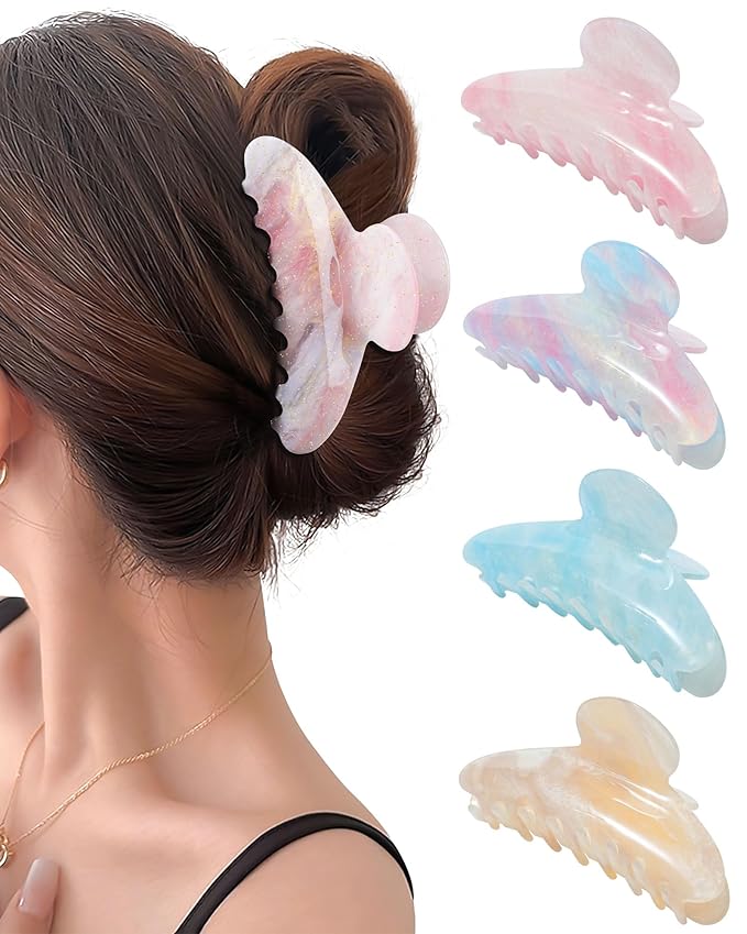 Mesovor 4 Pack Acrylic Hair Clips Claws, Nonslip 4.1" Large Hair Grip Hairclips for Thin and Thick | French Banana Barrettes Hair Strong Hold Hair Jaw Clamps (Light Blue, Orange, Light Pink, Purple)
