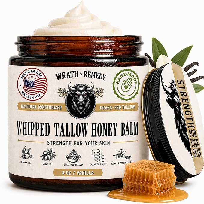 Organic Beef Tallow for Skin - 4 OZ (Vanilla) — US-Made Grass Fed Beef Tallow for Face + Body — Whipped Tallow and Honey Balm Moisturizer for Dry and Sensitive Skin, Eczema, Rosacea (No Additives)