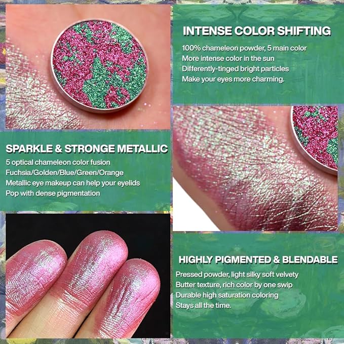 DE'LANCI Fuchsia to Green Shimmer Multichrome Eyeshadow, Intense Pigment Chameleon Sparkling Eyeshadow, Charming Aurora Iridescent Eye Shadow, Multi-Reflective Finishes Glitter Metallic Shade, 03